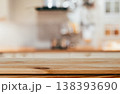 Wood table top on blurred kitchen background. can be used mock up for montage products display or design layout 138393690