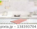 Clean kitchen counter with red checkered cloth in modern bright interior 138393704