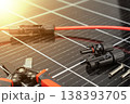 Solar panel connector cable and MC4 plug installation tools on photovoltaic surface 138393705