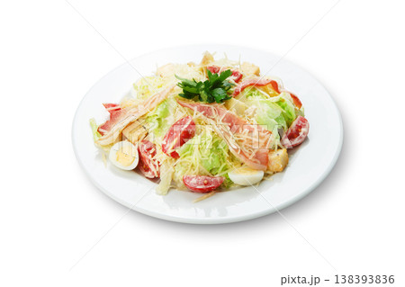 Restaurant food - seafood salad with calamari rings isolated at the white background Restaurant food - seafood salad with calamari rings isolated at the white background 138393836