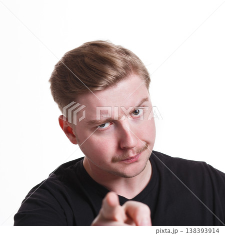 Are you ready for hard talk. Strict man point index finger on camera, white isolated studio background 138393914