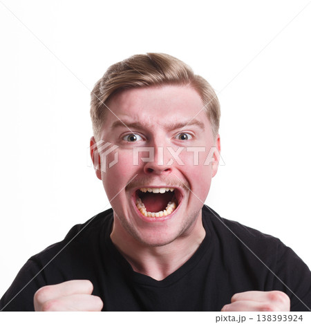 Winner celebrates. Great success. Excited man with happy facial expression shout on white isolated studio background Winner celebrates. Great success. Excited man with happy facial expression shout on white isolated studio background 138393924