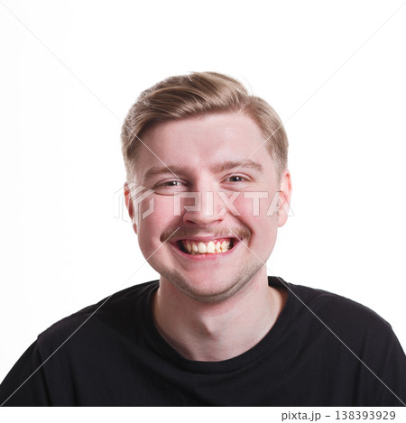 Just kidding. Cheerful man laughing on joke on white isolated background, studio shot, copy space 138393929