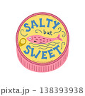 Canned sardine isolated illustration on the white. Text salty but sweet. Cute vector seafood t shirt design. 138393938