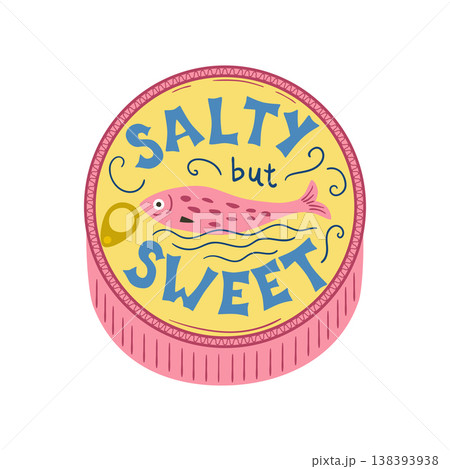 Canned sardine isolated illustration on the white. Text salty but sweet. Cute vector seafood t shirt design. Canned sardine isolated illustration on the white. Text salty but sweet. Cute vector seafood t shirt design. 138393938