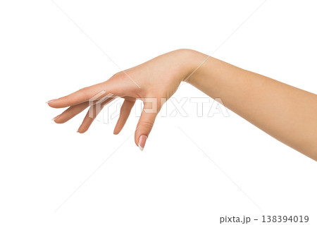 Close-up of female hand making gesture while grab some items on white isolated background, cutout, copy space 138394019