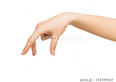 Close-up of female hand making gesture while picking up some items on white isolated background, cutout, copy space Close-up of female hand making gesture while picking up some items on white isolated background, cutout, copy space 138394020