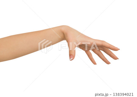 Close-up of female hand making gesture while grab some items on white isolated background, cutout, copy space 138394021