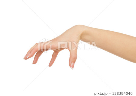 Female hand making gesture while grab some items, close-up, cutout, copy space, isolated on white background. 138394040