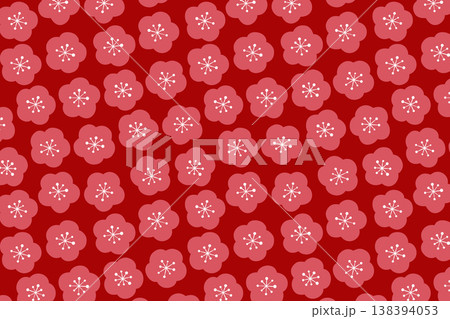 手描き風の赤色の梅の花の背景　かわいい日本の和柄　シームレスパターン 138394053