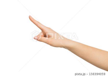 Look at this. Hand gestures - woman pointing on virtual object with forefinger, isolated on white background, cutout, close-up 138394059