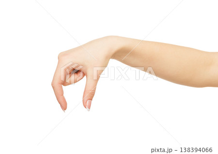 Female hand making gesture while grab some items isolated on white background, close-up, cutout, copy space 138394066