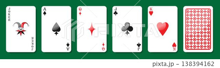High value playing cards of Spades, Hearts, Clubs and Diamonds. Joker, Ace, Queen, Jack and King. Vector illustration High value playing cards of Spades, Hearts, Clubs and Diamonds. Joker, Ace, Queen, Jack and King. Vector illustration 138394162