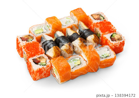 Japanese food restaurant delivery - sushi maki california gunkan and salmon roll plate or platter set isolated at white background Japanese food restaurant delivery - sushi maki california gunkan and salmon roll plate or platter set isolated at white background 138394172