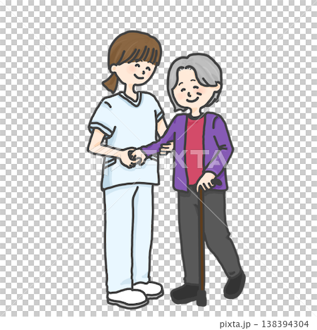 Elderly, hospital, home care, independent living support, rehabilitation, need for care, need for support, assistance, walking, walking with a cane 138394304