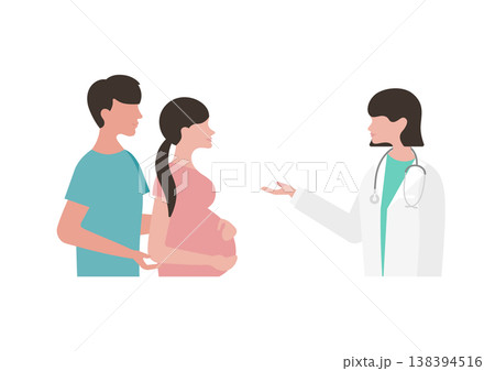 妊婦夫婦に医療説明をする女医のベクターイラスト素材（左向き） 138394516