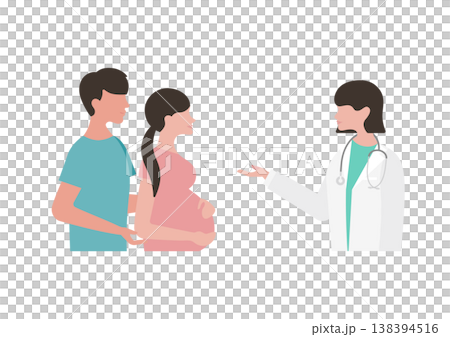 妊婦夫婦に医療説明をする女医のベクターイラスト素材（左向き） 138394516