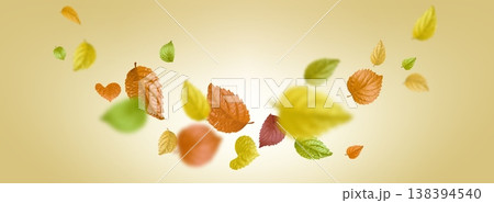 Autumn tree leaves flying in wind, falling foliage 138394540