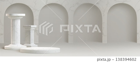 Ancient greek or roman podiums near arch wall 138394602