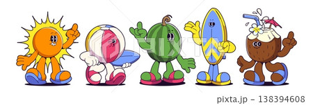 Retro summer beach cartoon characters, mascots 138394608