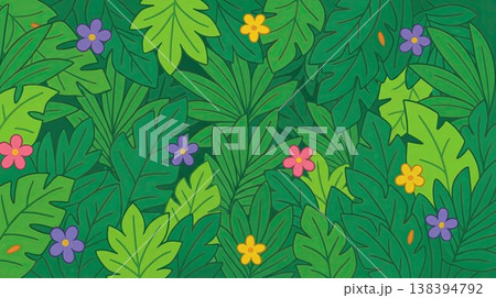 Tropical jungle leaves background with colorful flowers, cartoon forest foliage pattern for kids' educational materials and summer backdrop. 138394792