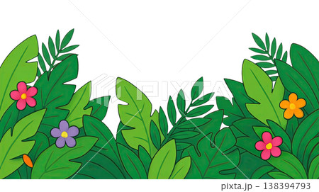 Tropical jungle leaves bottom border with colorful flowers, cartoon forest foliage frame with copy space for kids' educational materials and summer banner. 138394793