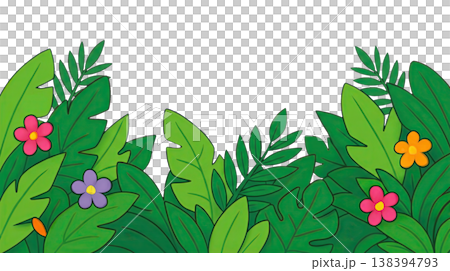 Tropical jungle leaves bottom border with colorful flowers, cartoon forest foliage frame with copy space for kids' educational materials and summer banner. 138394793