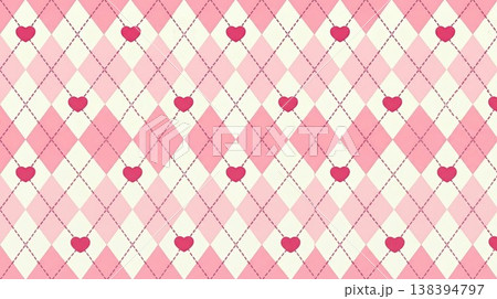 Pink argyle seamless pattern with hearts, cute diamond checkered background with stitch lines for Valentine day, fashion and stationery design. Pink argyle seamless pattern with hearts, cute diamond checkered background with stitch lines for Valentine day, fashion and stationery design. 138394797