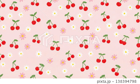 Cherry and daisy flower seamless pattern, hand drawn crayon style summer fruit background for textile and wallpaper. Cherry and daisy flower seamless pattern, hand drawn crayon style summer fruit background for textile and wallpaper. 138394798