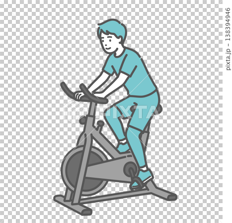 一幅插圖，描繪了一名男子騎著健身自行車時面帶微笑。 138394946