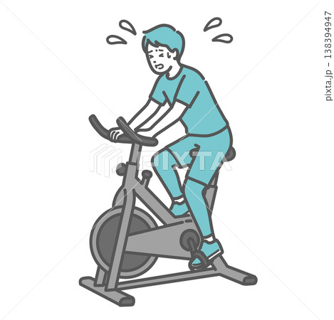 汗だくでフィットネスバイクを漕ぐ男性のイラスト 138394947