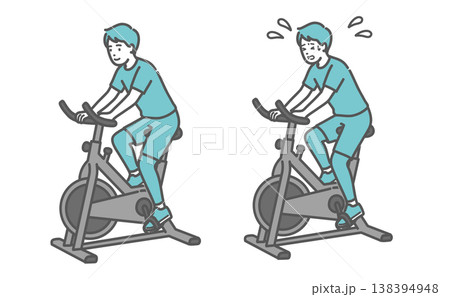 笑顔でフィットネスバイクを漕ぐ男性と汗だくで苦戦する男性の比較セットイラスト 138394948