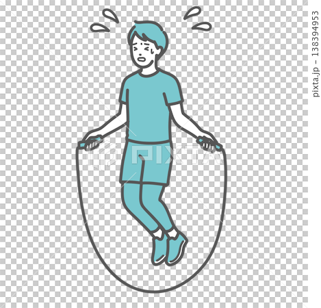 一幅插圖,描繪了一名身穿運動服、渾身是汗、看起來筋疲力盡的男子,正在拼命地跳繩。 一幅插圖,描繪了一名身穿運動服、渾身是汗、看起來筋疲力盡的男子,正在拼命地跳繩。 138394953