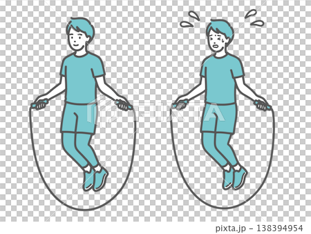 一組插圖,對比了面帶微笑的跳繩男子和汗流浹背、苦苦掙扎的男子。 一組插圖,對比了面帶微笑的跳繩男子和汗流浹背、苦苦掙扎的男子。 138394954