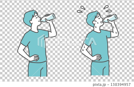 笑顔で水分補給をする男性と汗だくの男性の比較セットイラスト 笑顔で水分補給をする男性と汗だくの男性の比較セットイラスト 138394957