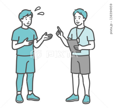 困り顔で男性トレーナーに相談（カウンセリング）をする男性のイラスト 138394959