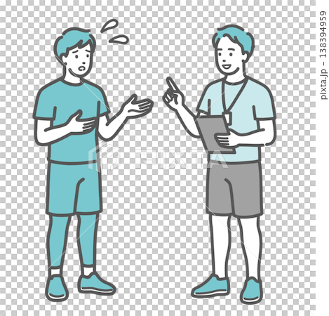 困り顔で男性トレーナーに相談（カウンセリング）をする男性のイラスト 138394959