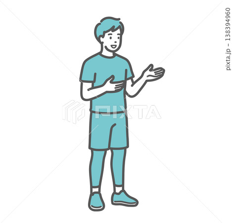 笑顔で会話・説明をするスポーツウェア姿の男性のイラスト 138394960