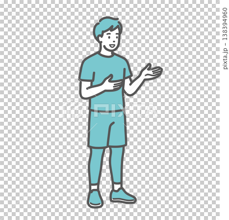 笑顔で会話・説明をするスポーツウェア姿の男性のイラスト 138394960