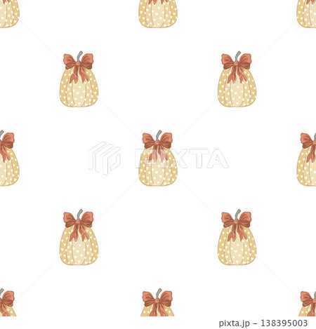 Charming autumn seamless pattern with pumpkins tied red bows. Thanksgiving or Halloween kawaii background. Vector illustration. 138395003