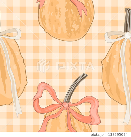 Vector seamless pattern with cute hand-drawn pumpkins in soft autumn colors on gingham background. Farm, harvest, and Thanksgiving holiday design. 138395054