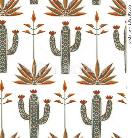 Doodle patterned cactus and blue agaves seamless background. Cacti with ornament vector illustration 138395055
