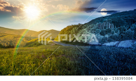 mountainous rural landscape in summertime. day meet night wallpaper. sun and moon over highland woods and meadow. view of countryside scenery with forested hills and pasture for harmony background 138395084