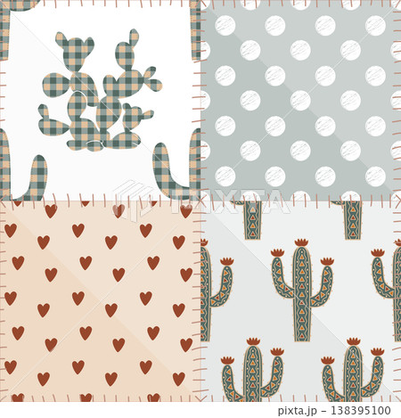 Seamless patchwork gingham pattern with kawaii cacti, hearts, polka dot, and stylized sews. Vector illustration. 138395100