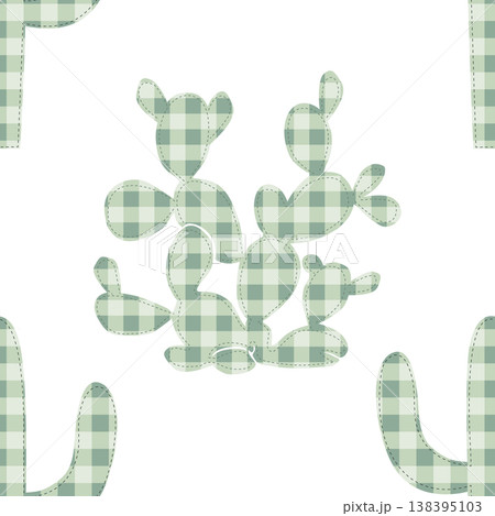 Seamless pattern with checkered cacti silhouettes. Saguaro cactus and prickly pear gingham background. Cartoon Desert vector illustration. Seamless pattern with checkered cacti silhouettes. Saguaro cactus and prickly pear gingham background. Cartoon Desert vector illustration. 138395103