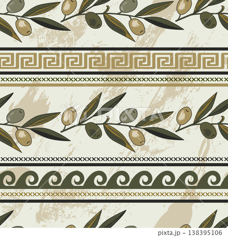 Seamless pattern with olives, meander, and other classical Greek symbols. Rich ancient stylized ornament. Vector illustration. 138395106