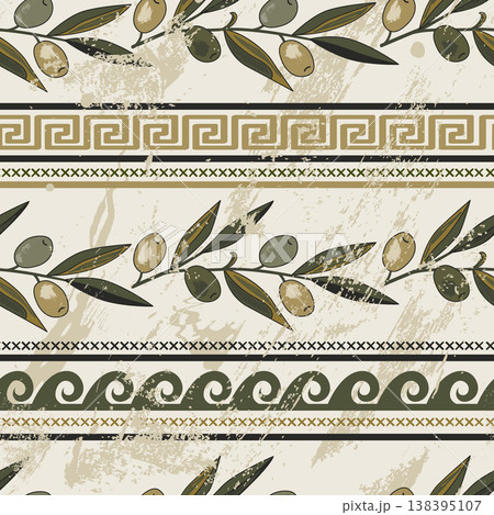 Seamless pattern with olives, meander, and other classical Greek symbols. Rich ancient stylized ornament. Vector illustration 138395107