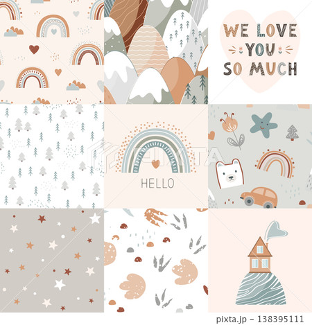 Seamless patchwork pattern with kawaii baby pastel drawing. Cute and cozy nursery background. Vector illustration. 138395111