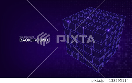Abstract ai 3D cube digital design background technology and blue geometric element. Design network big data with box science and pattern block cyber. Tech concept abstract with futuristic lines. 138395114