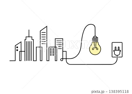 Minimal city skyline line art connected to a glowing light bulb and plug symbolizing urban energy electricity flow and modern infrastructure concept with clean simple design on light background Minimal city skyline line art connected to a glowing light bulb and plug symbolizing urban energy electricity flow and modern infrastructure concept with clean simple design on light background 138395118